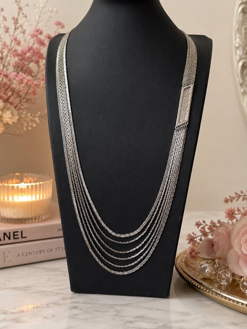 Vintage Monet 6-Strand Silver Chain Necklace Multi Layer Textured Accent